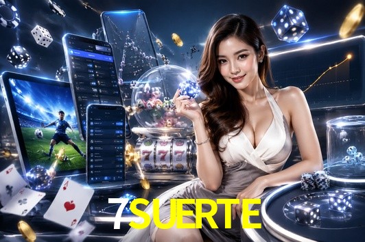Una escena digital vívida inspirada en casino con 7SUERTE mostrado prominentemente, luces brillantes, fichas, cartas y acentos dorados.