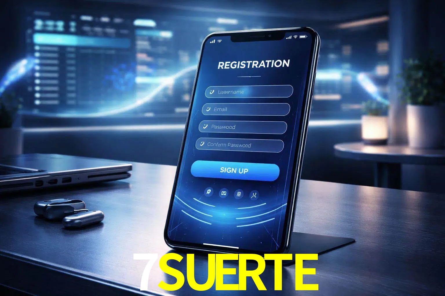 Una interfaz moderna de registro móvil para 7SUERTE mostrada en un smartphone con un panel de apuestas elegante.